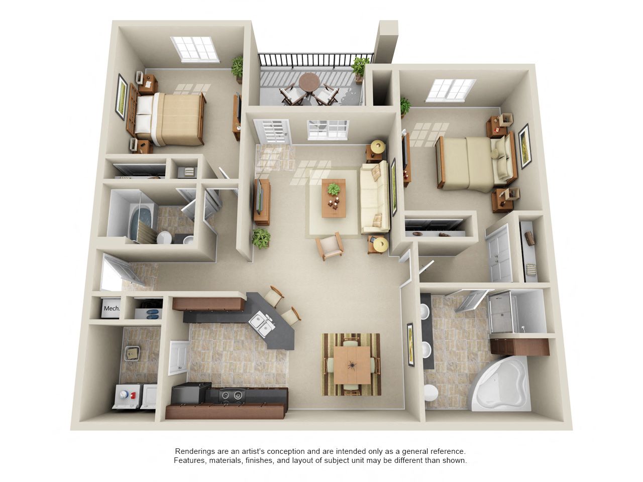 Floor plan for 2 beds, 2 baths, 1328 sqft
